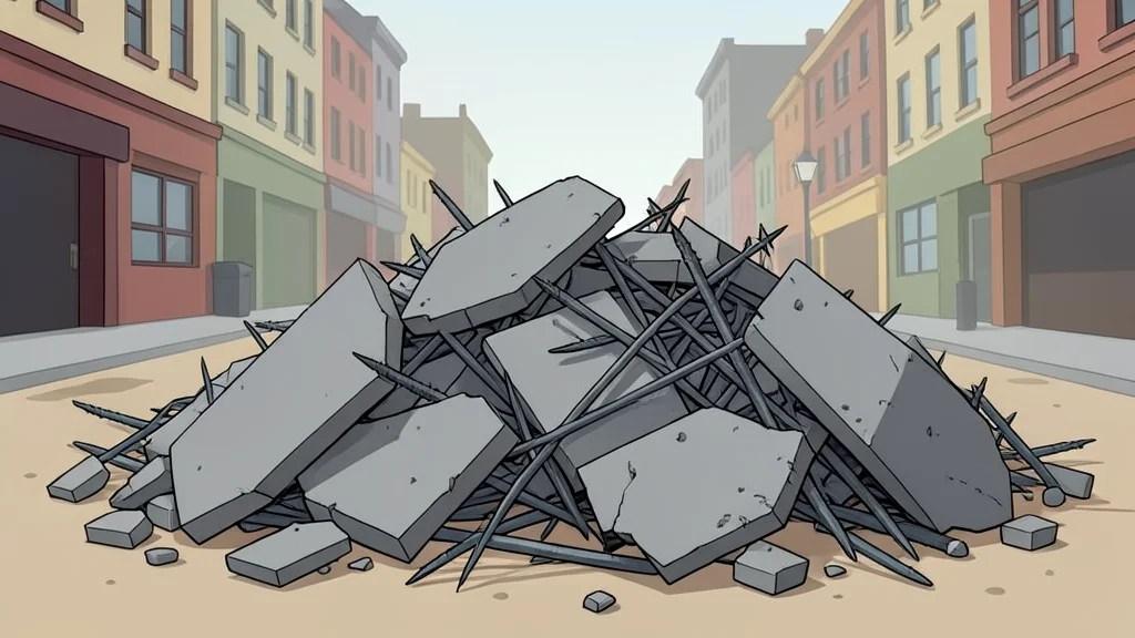 A flat-vector illustration of broken concrete slabs and twisted metal rebar lying in a dusty urban street.