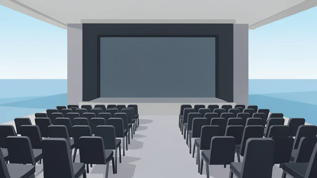 A large conference hall with rows of empty chairs facing a stage, set against a backdrop of a calm ocean horizon.