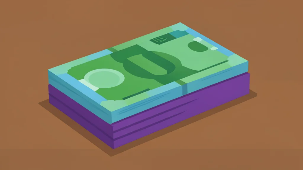 A stack of physical currency notes in green, blue, and purple hues resting on a polished wooden desk
