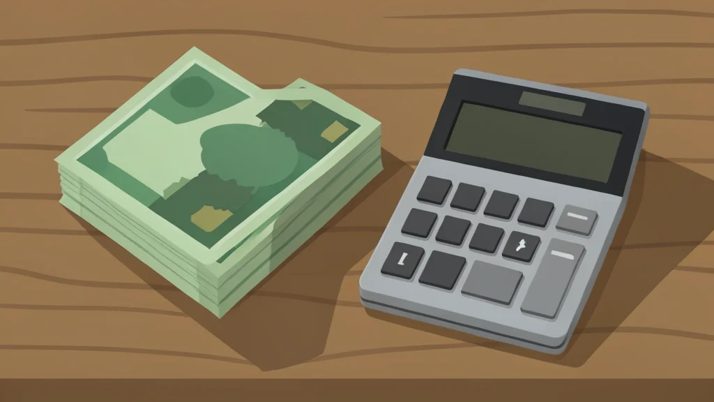 A stack of physical currency notes and a calculator on a wooden desk