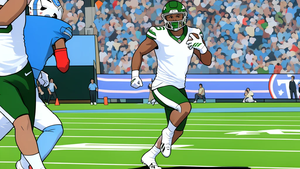 A green football field with white yard lines stretching into the distance under stadium lights