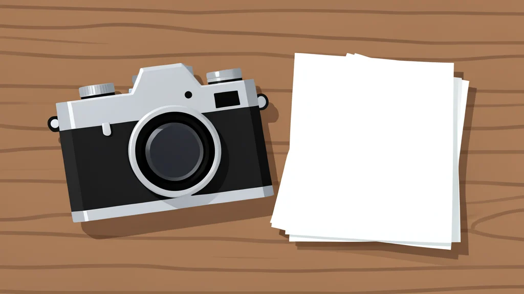 A vintage film camera resting on a wooden table next to a stack of blank paper scripts