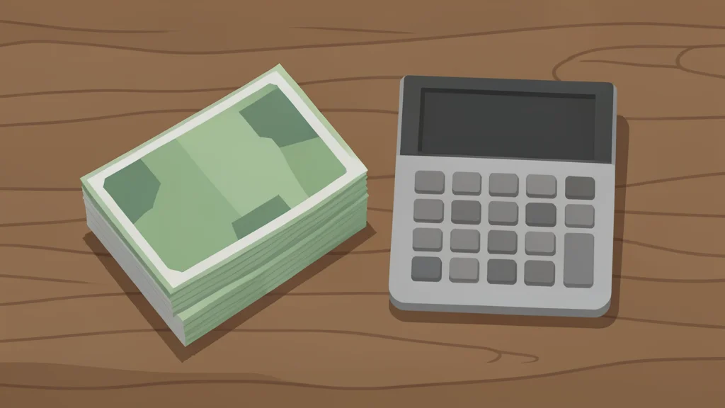 A stack of physical currency notes and a calculator on a wooden desk