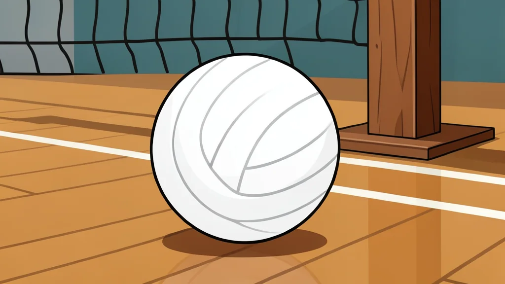 A white volleyball resting on a polished wooden gymnasium floor near a net post