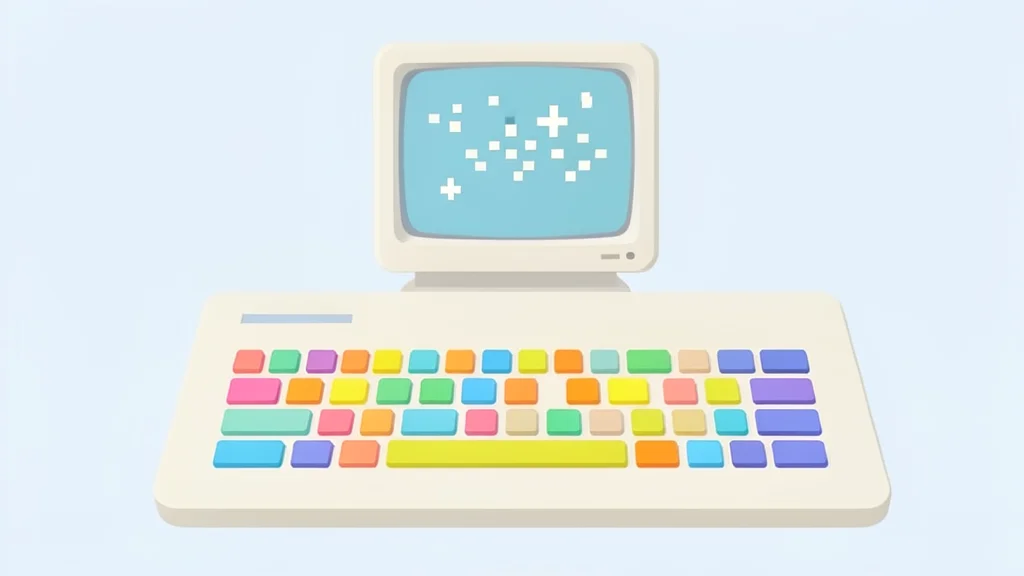 A vintage computer keyboard with colorful keys next to a small CRT monitor displaying static noise