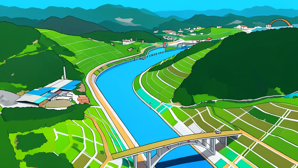 A long, straight waterway cutting through green hills, connecting a river to a wide bay