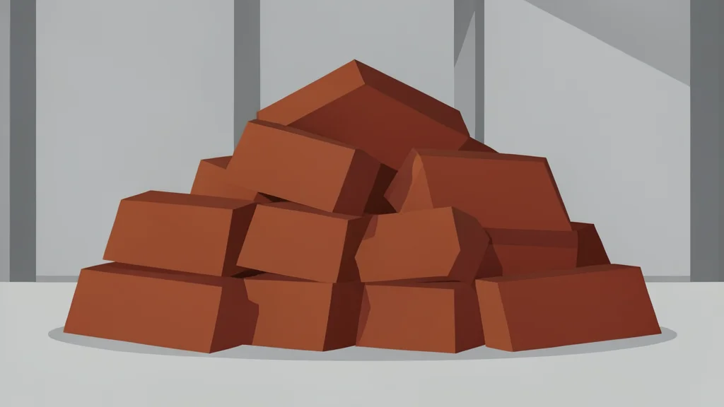 A pile of rough, reddish-brown metal ingots stacked in a warehouse