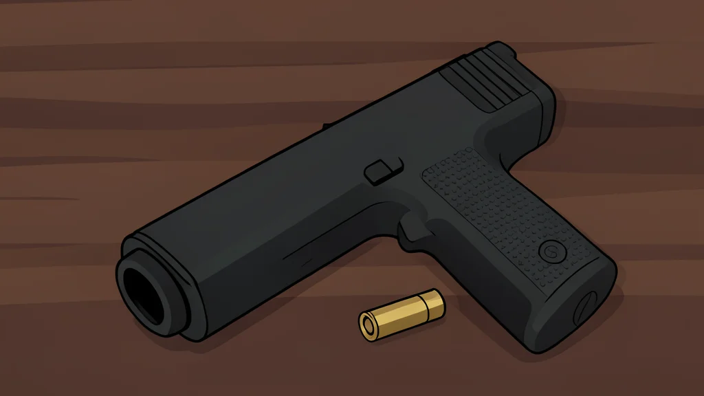 A polished silver pistol resting on a wooden table next to a white target with concentric circles