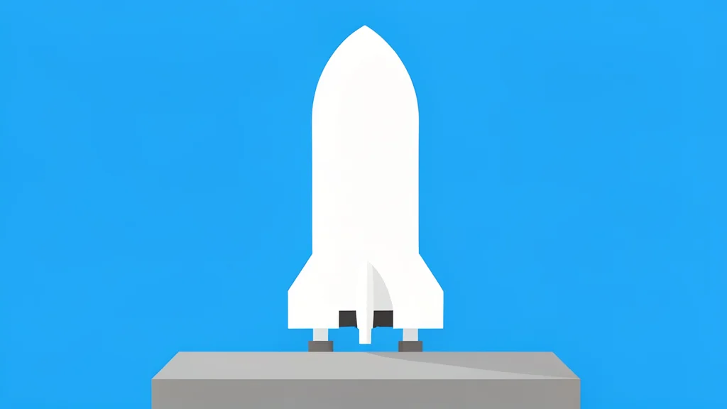 A large, white, cylindrical rocket standing vertically on a concrete launch pad against a clear blue sky