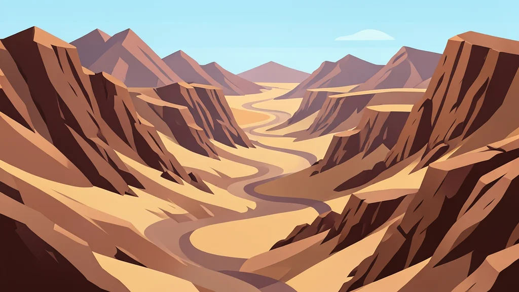 A rugged, mountainous desert landscape with winding valleys and rocky outcrops