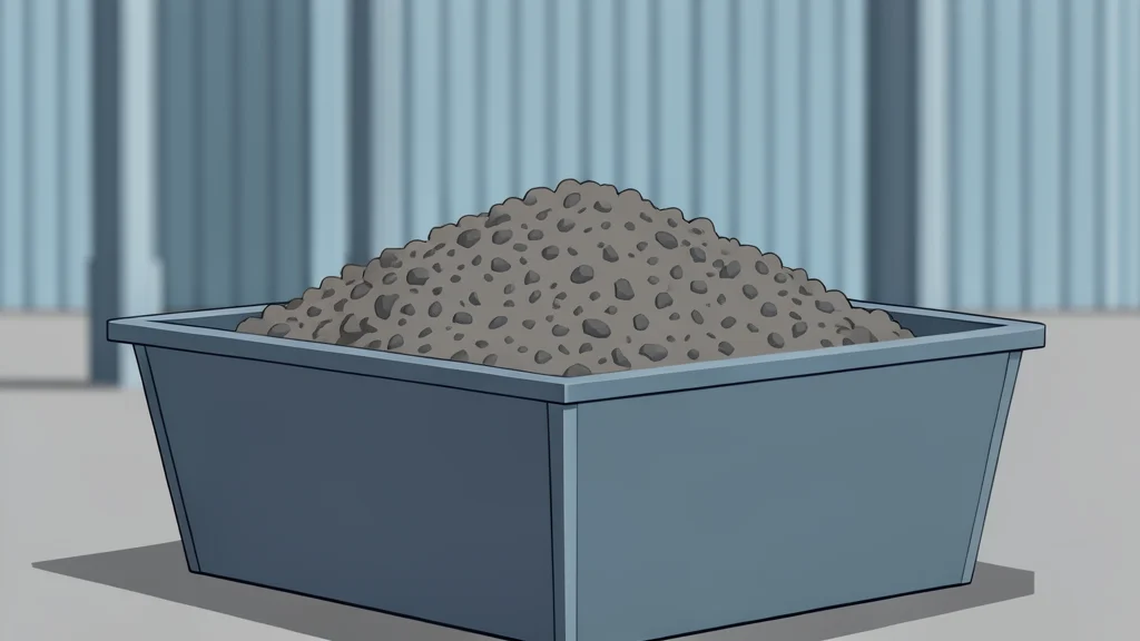 A pile of grey, granular mineral concentrate on a wooden pallet in an industrial warehouse