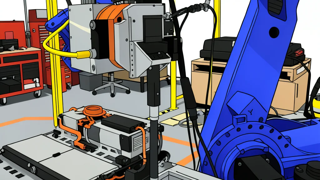 A robotic arm with a gripper holding a large, rectangular battery pack in a clean laboratory setting
