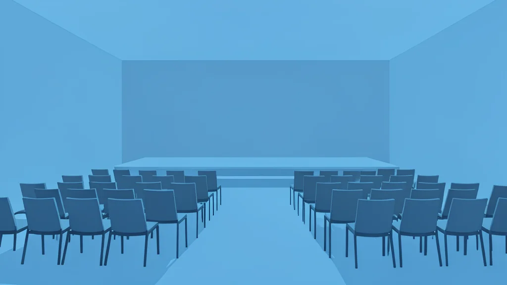 A large, modern conference hall with rows of empty chairs facing a stage, bathed in cool blue light.