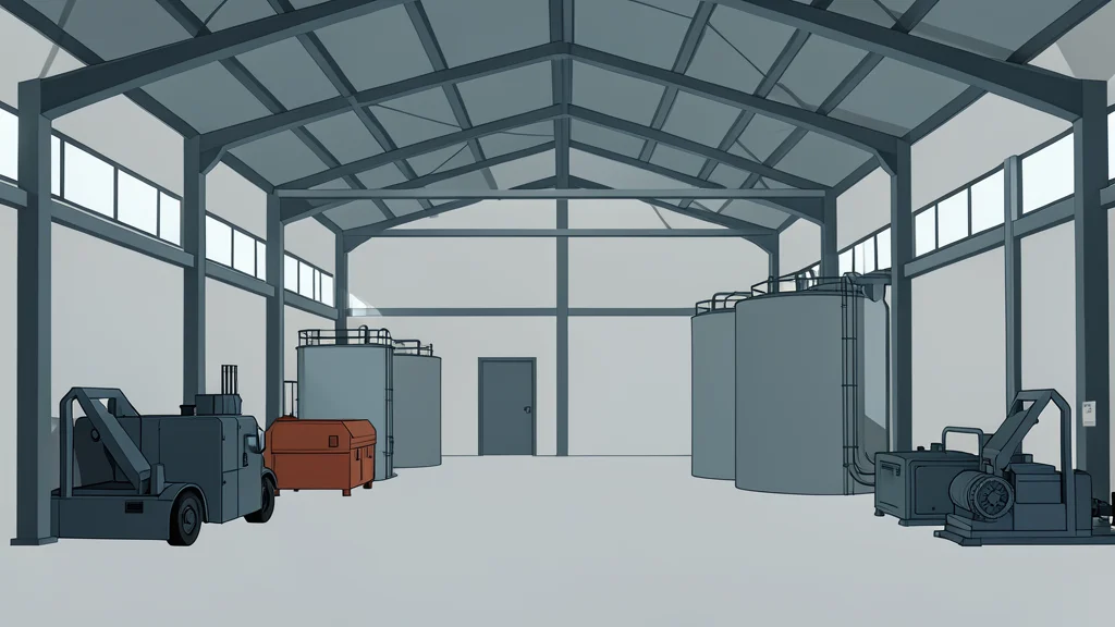A large industrial warehouse with heavy machinery and storage tanks