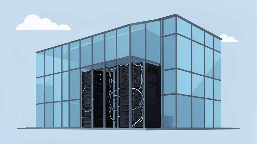 A modern glass office building with a server room visible through the windows