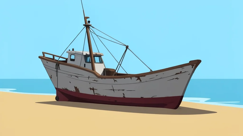A weathered fishing boat resting on a sandy beach near a calm coastline