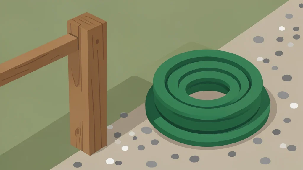 A weathered wooden fence post stands next to a coiled green garden hose on a gravel path.
