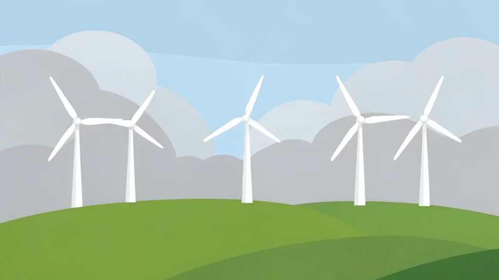 A row of white wind turbines standing on a grassy hillside under a cloudy sky