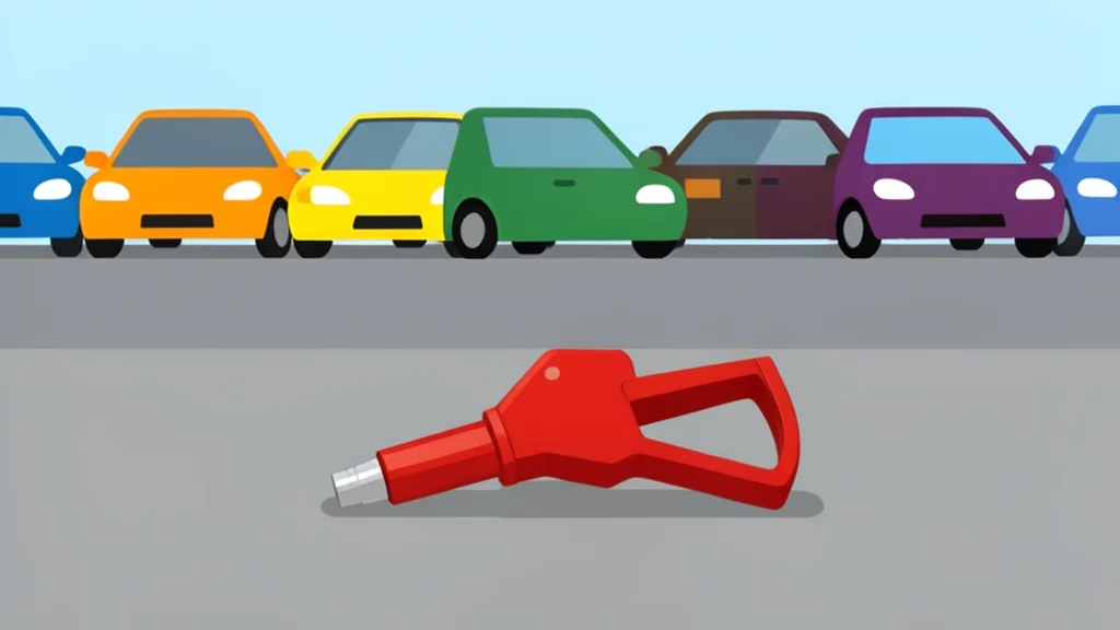 A fuel pump nozzle resting on a concrete surface next to a row of parked cars