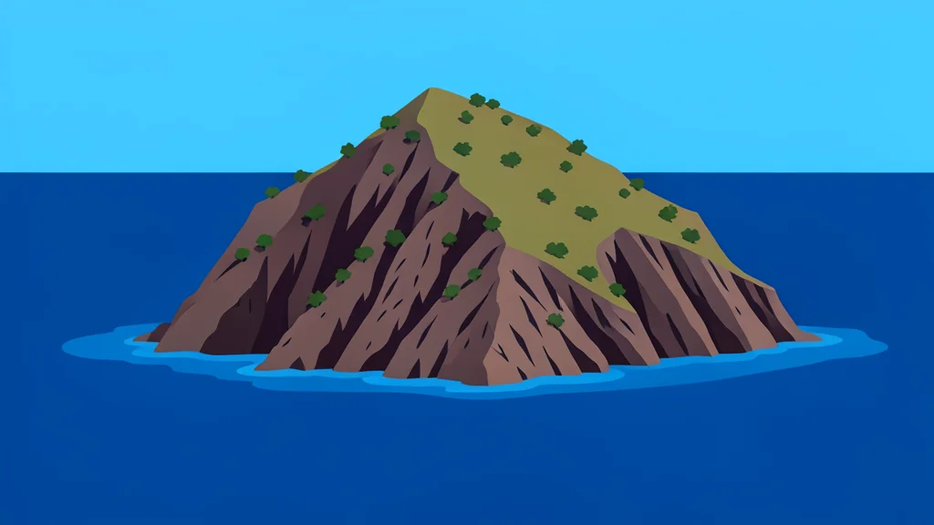 A rugged volcanic island rising from the deep blue waters of the Red Sea, featuring steep rocky cliffs and sparse vegetation.