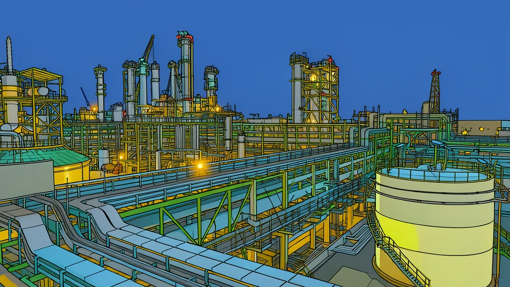 An industrial oil sands extraction site with large conveyor belts and processing towers under a clear sky