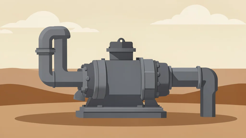 A large industrial water pump connected to heavy-duty piping in a dusty outdoor setting