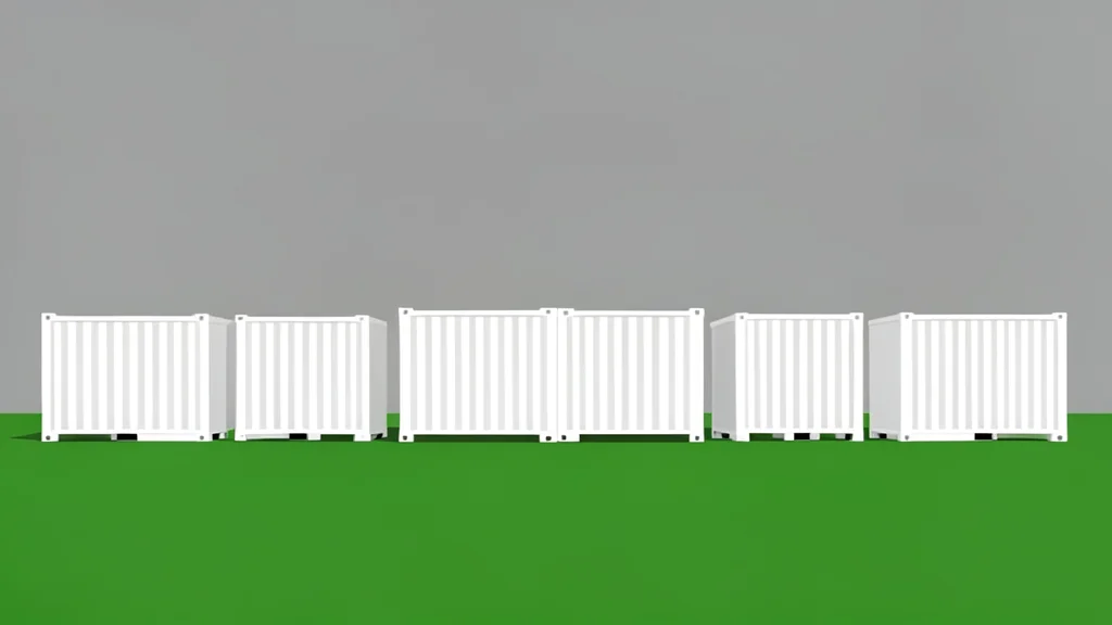 A row of white prefabricated shipping containers arranged on a grassy field under a grey sky