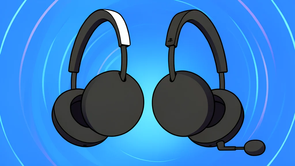 A pair of black over-ear headphones resting on a wooden desk next to a white game controller
