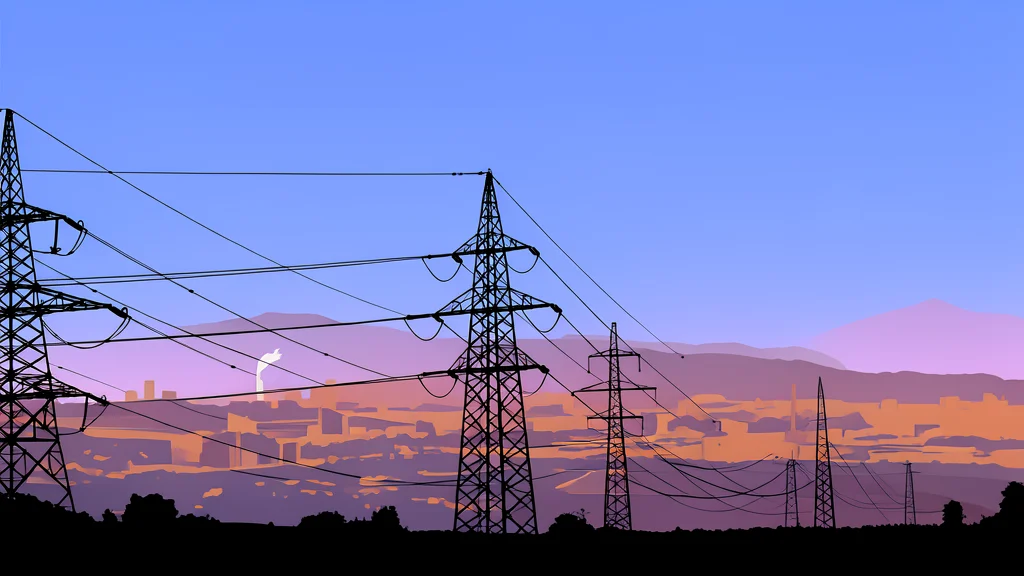 A high-voltage transmission tower standing in a dry, grassy landscape under a clear sky