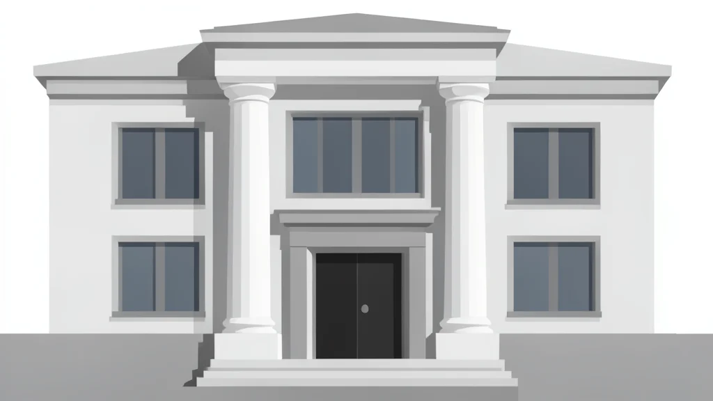 A modern courthouse facade with tall columns and a heavy stone entrance
