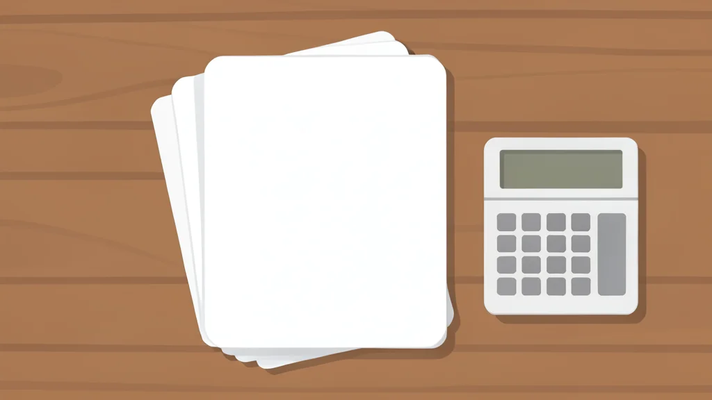 A stack of paper insurance policy documents resting on a wooden desk next to a calculator