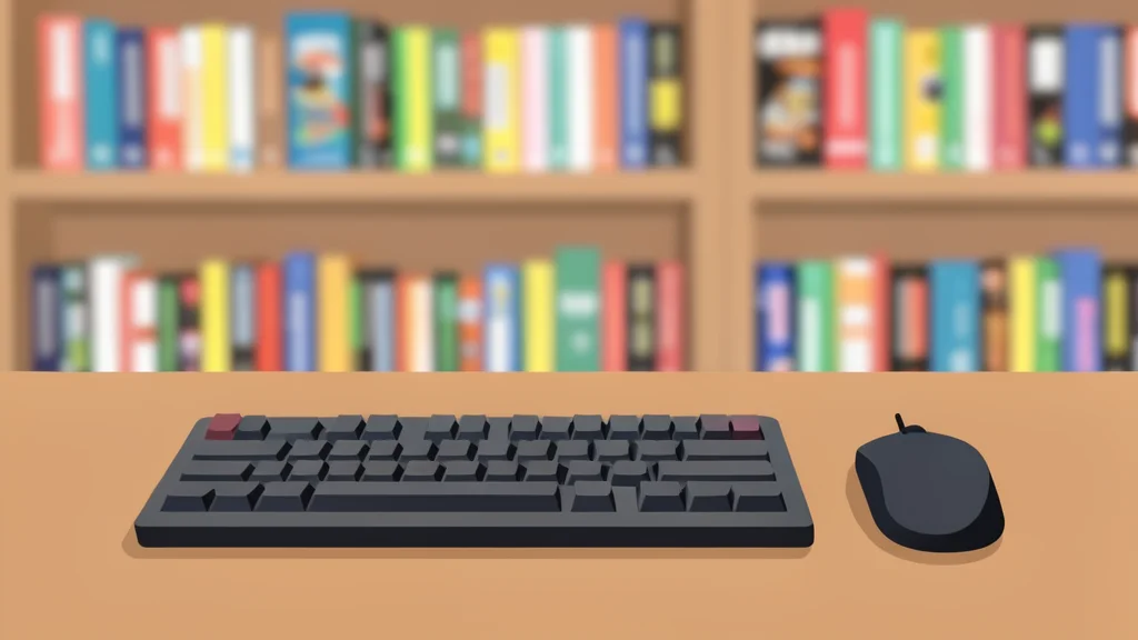 A wooden desk with a mechanical keyboard and a mouse, set against a backdrop of blurred bookshelves filled with video game cases.