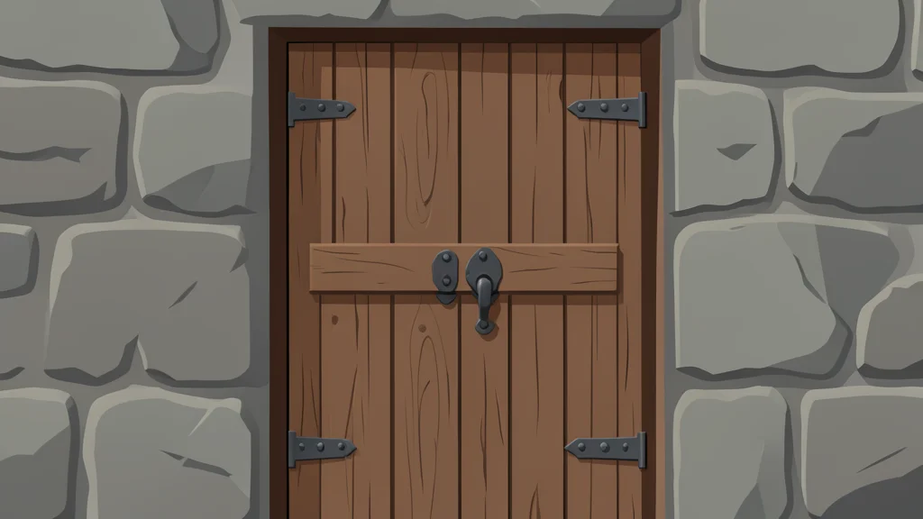 A weathered wooden door with a heavy iron lock set against a rough stone wall