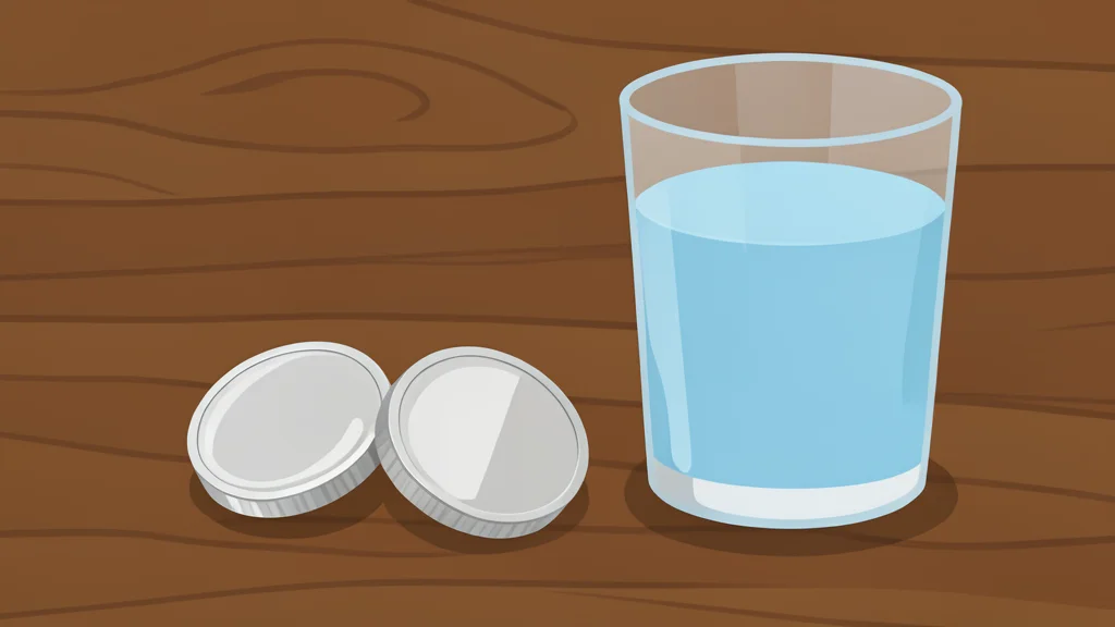 A pair of polished silver coins resting on a wooden desk next to a glass of water