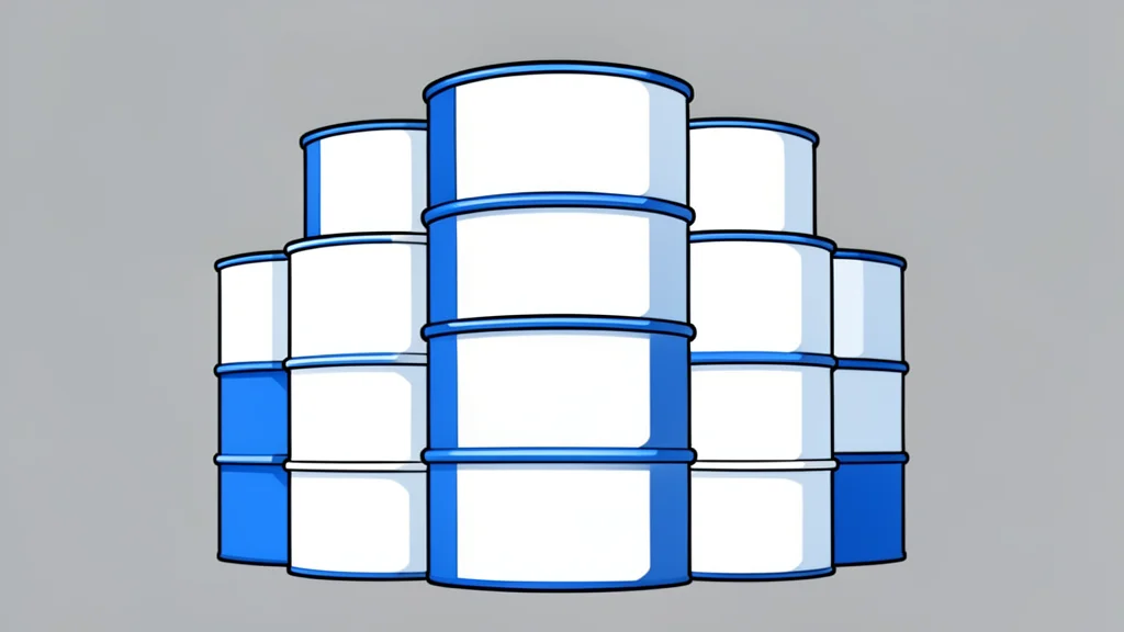 A flat-vector illustration of white and blue cylindrical barrels stacked in a warehouse