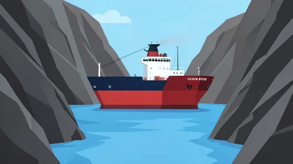 A large oil tanker ship navigating through a narrow, rocky strait