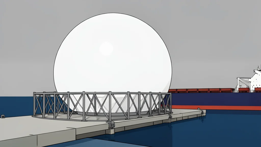 A large industrial gas storage tank standing in a coastal industrial zone