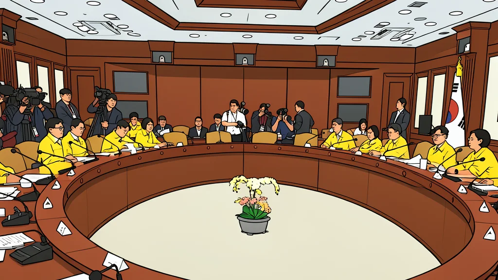 A large, modern government conference room with a long table and chairs