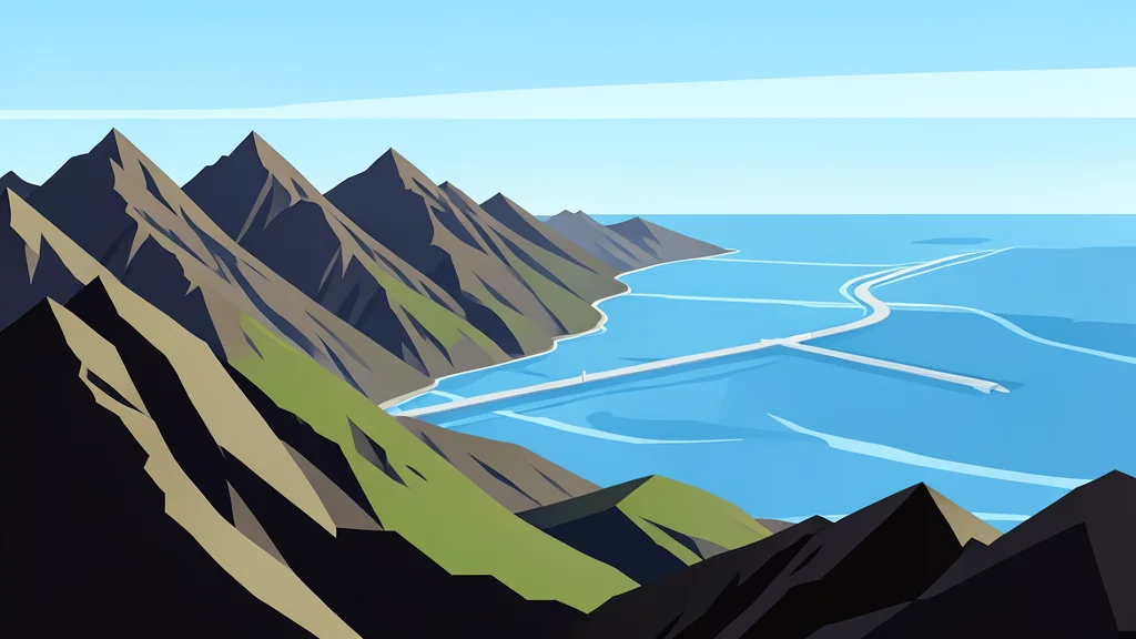 A rugged, mountainous landscape overlooking a vast body of water with shipping lanes.