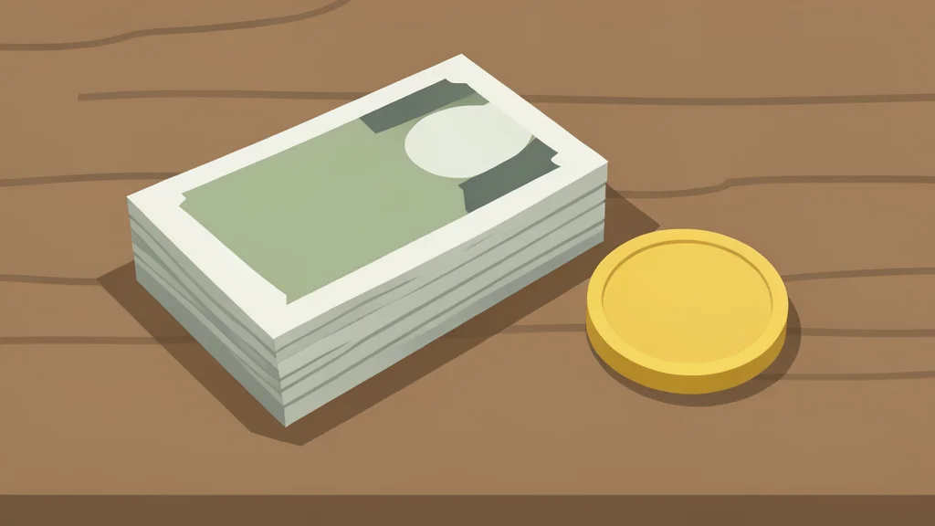 A stack of paper currency and a gold coin resting on a wooden desk