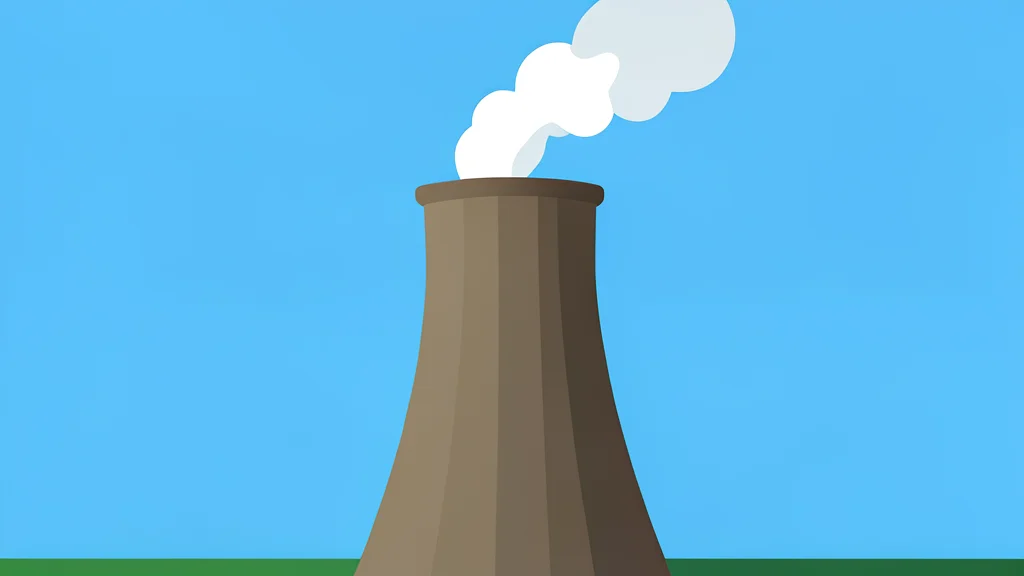 A large industrial cooling tower with steam rising from the top against a clear sky