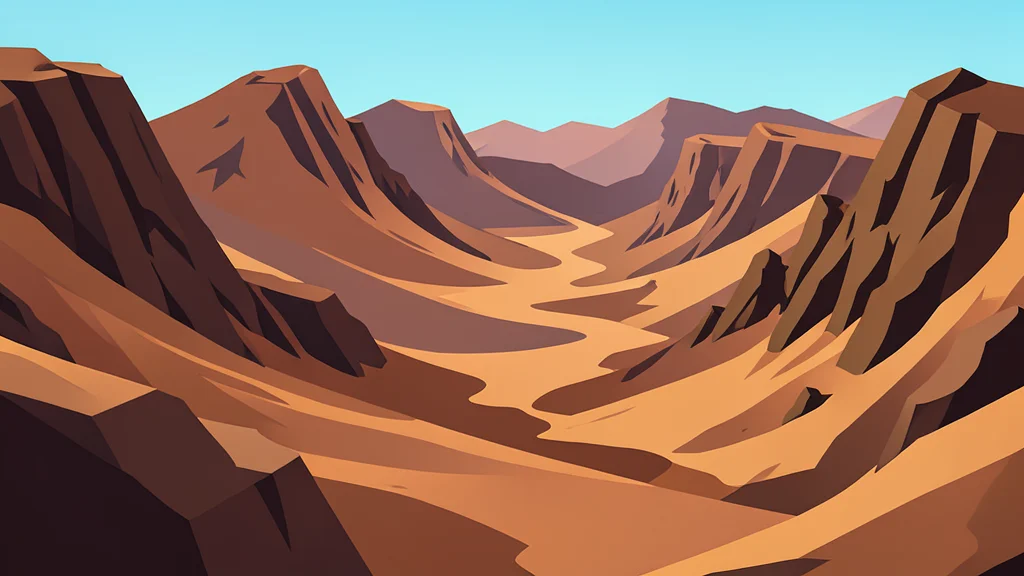 A rugged, mountainous desert landscape with winding valleys and rocky outcrops