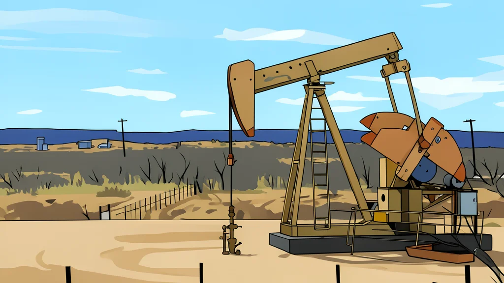 A large cylindrical industrial oil storage tank stands alone on a flat, open landscape under a clear sky.