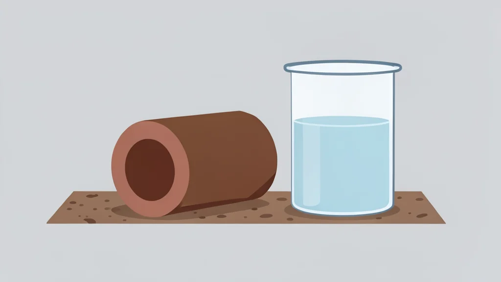 A geological core sample lying on a laboratory bench next to a beaker of clear liquid