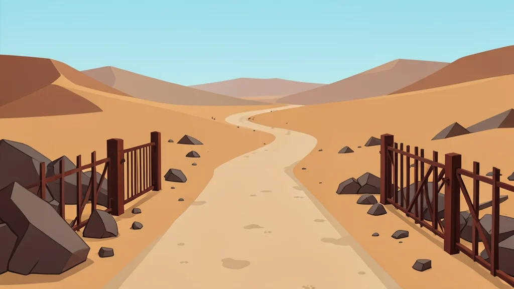 A dusty unpaved road winding through a desolate landscape with scattered rubble and rusted metal gates.