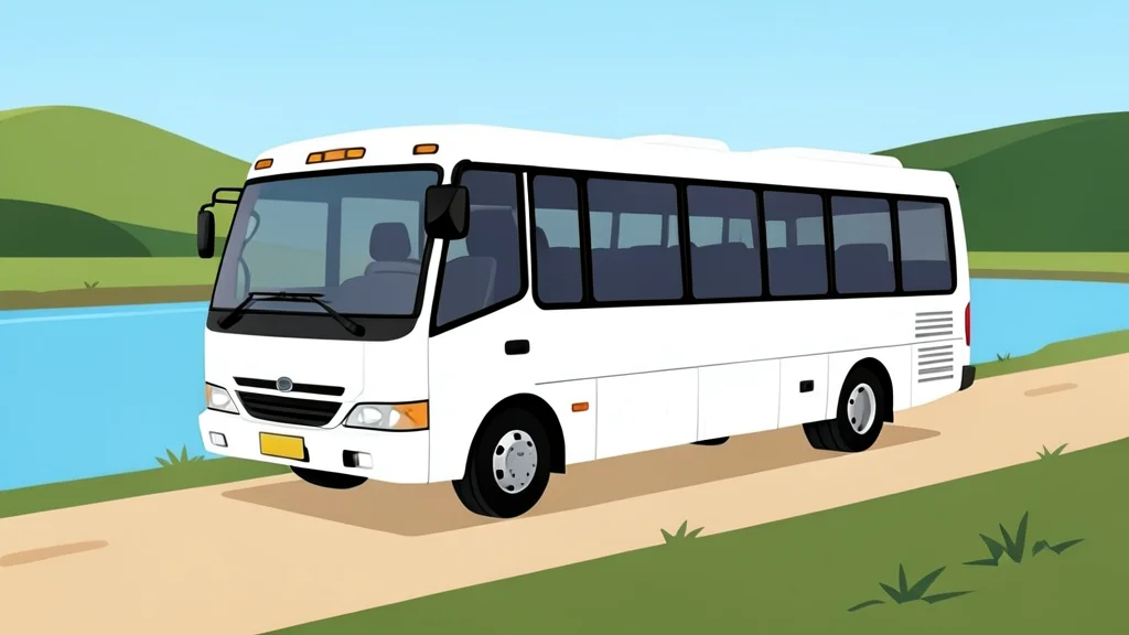 A white passenger minibus parked on a dusty roadside near a riverbank