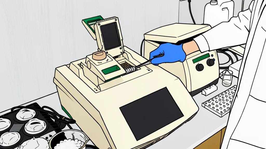 A white laboratory coat hanging on a hook in a sterile, empty corridor