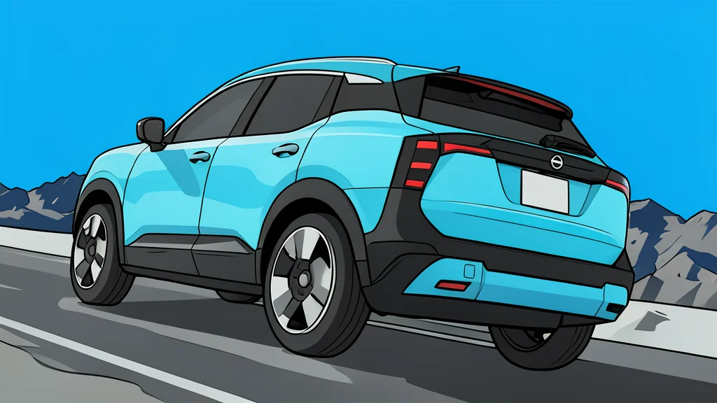 A compact crossover vehicle parked on a paved surface next to a large industrial factory building with large glass windows and metal structures.