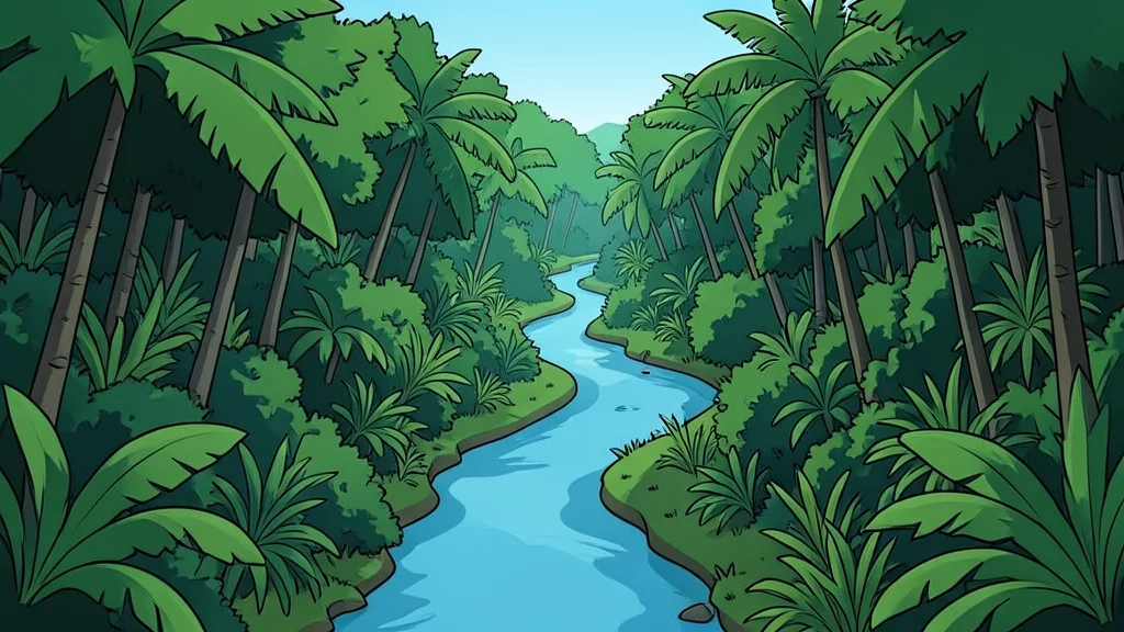 A dense tropical rainforest landscape with a winding river cutting through the green canopy