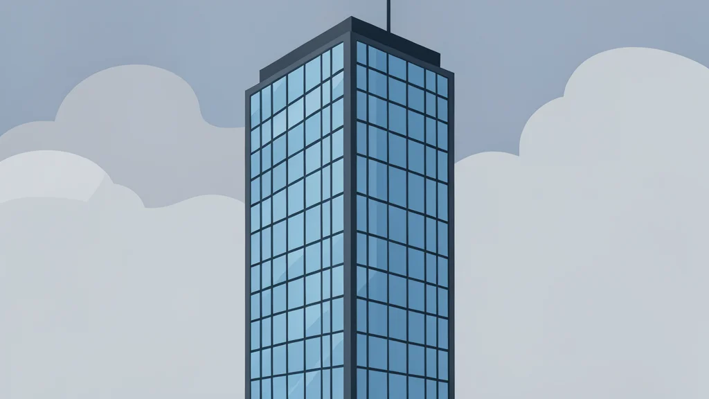 A large, modern glass skyscraper with a grid-like facade reflecting a cloudy sky